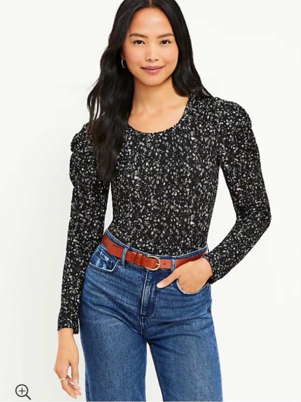 LOFT Black Floral Smocked Long-Sleeve Top